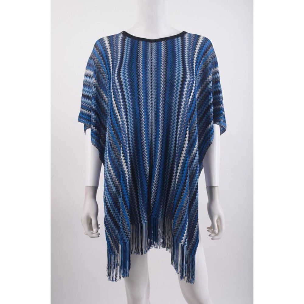 Missoni Womans Poncho Cape Pullover Chevron One Size Blue Zig Zag Fringe NWT